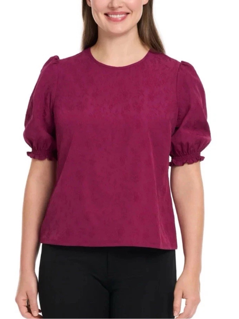 Ted Baker Floral Texture Puff Sleeve Deep Purple Top Size Xxl
